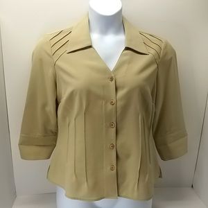 Kathy Che women's 3/4 sleeve notched neck button down blouse, size 12, tan